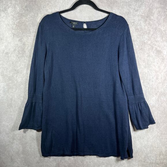 Talbots Top Womens Medium Petite Blue Knit Linen Long Sleeve Pullover Casual - Picture 1 of 8